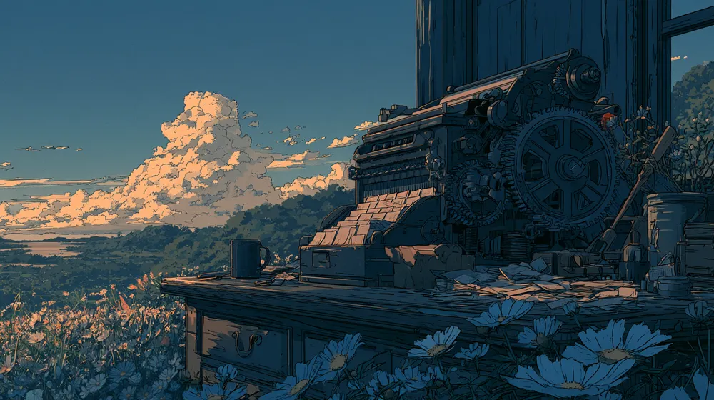 Mechanical typewriter on a flower-covered desk overlooking a mountain landscape.