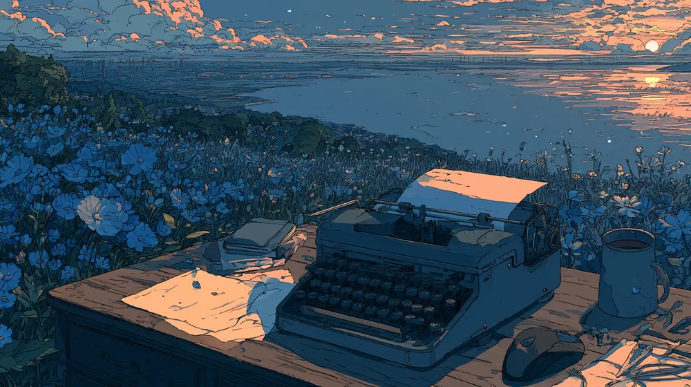 Typewriter on a desk beside a flowered coastline.