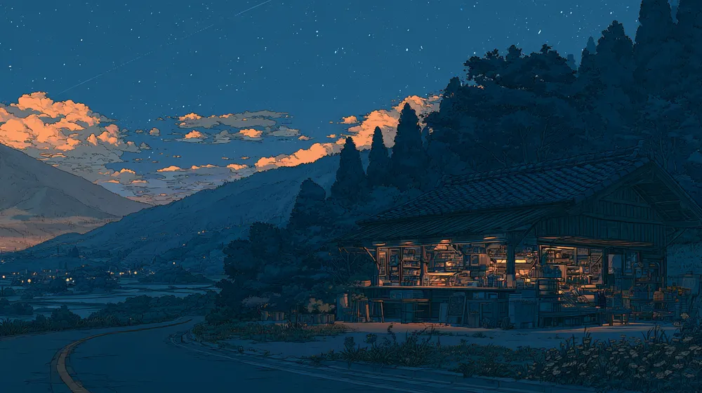 Illustration of a warmly lit roadside shop in a mountain valley beneath a starry evening sky.
