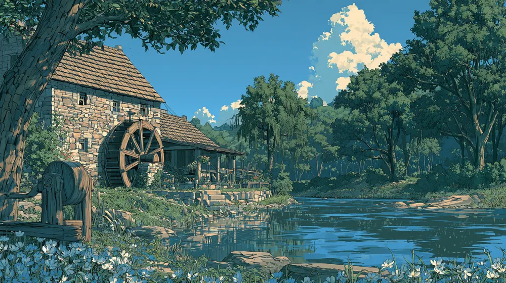 Illustration of a stone watermill with a wooden wheel beside a calm river, surrounded by trees and wildflowers.