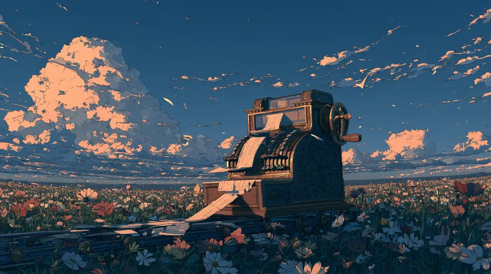 Illustration of a vintage ticket machine dispensing paper in a wildflower field beneath a sunset sky.