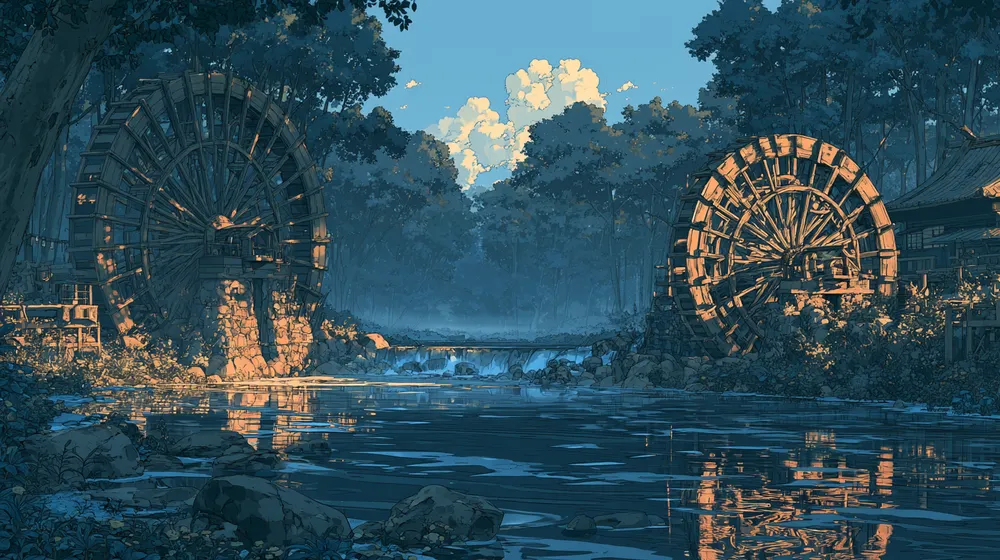 Illustration of two wooden waterwheels beside a forest river in warm evening light.