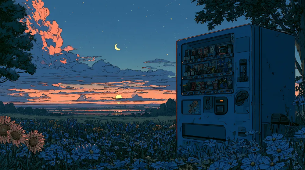 Illustration of a vending machine in a wildflower meadow at sunset.