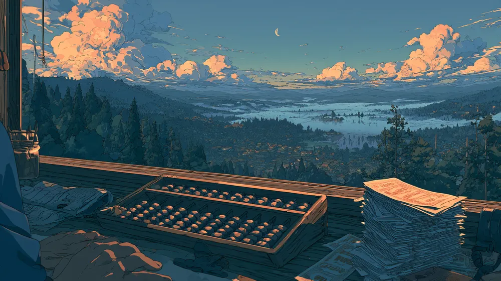 Illustration of an abacus and stacked papers on a wooden desk overlooking a forested valley at dusk.