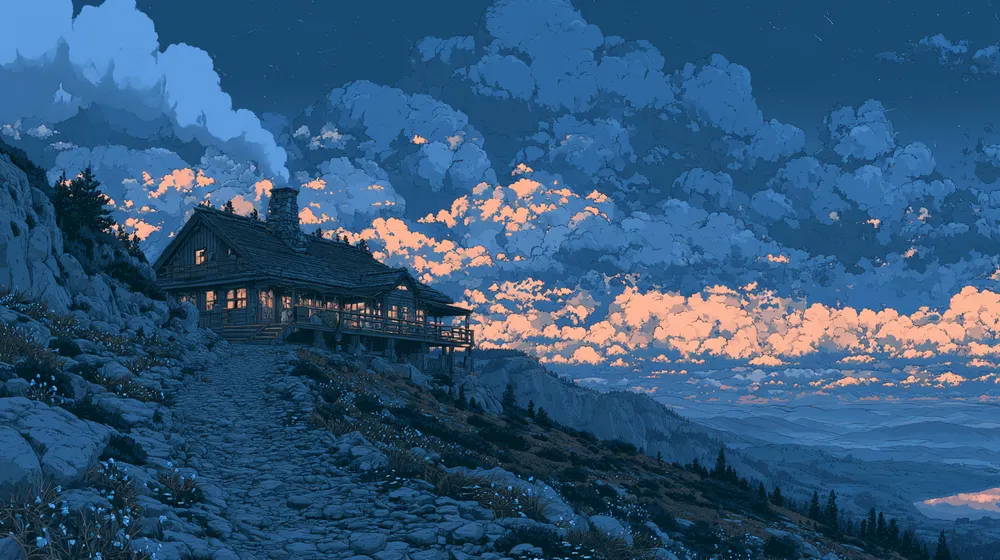 Illustration of a mountain lodge beside a rocky path, overlooking a valley beneath blue and peach-colored clouds at dusk.