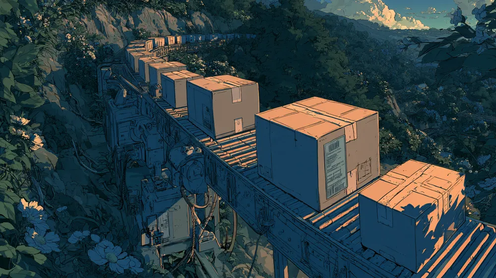 Illustration of cardboard boxes on a winding conveyor belt surrounded by lush forest.