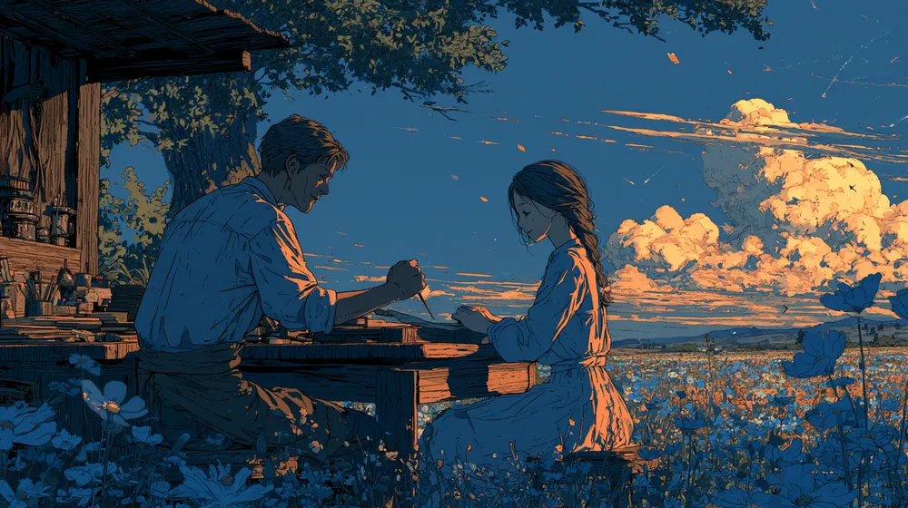 Illustration of two people working together at a wooden table in a flower-filled meadow at sunset.