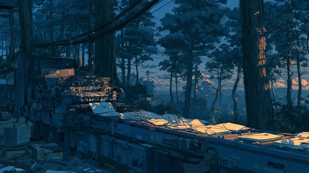 Illustration of a conveyor belt carrying papers through a blue forest at dusk.