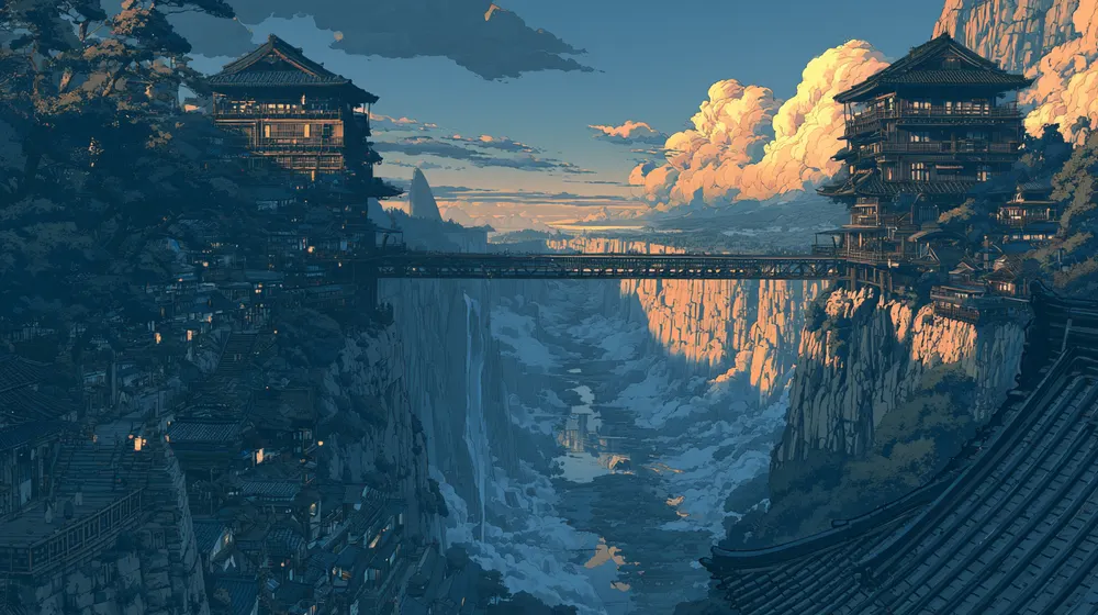 Illustration of a bridge connecting two cliffside towers above a deep canyon at sunset.