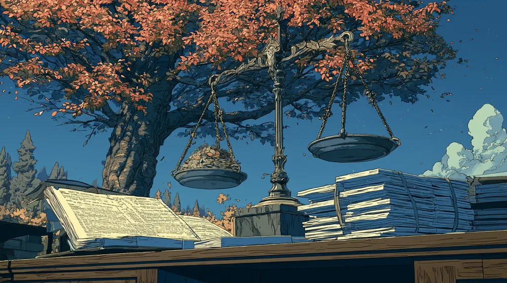 Illustration of a balance scale holding coins beside an open ledger and stacks of documents beneath an autumn tree.