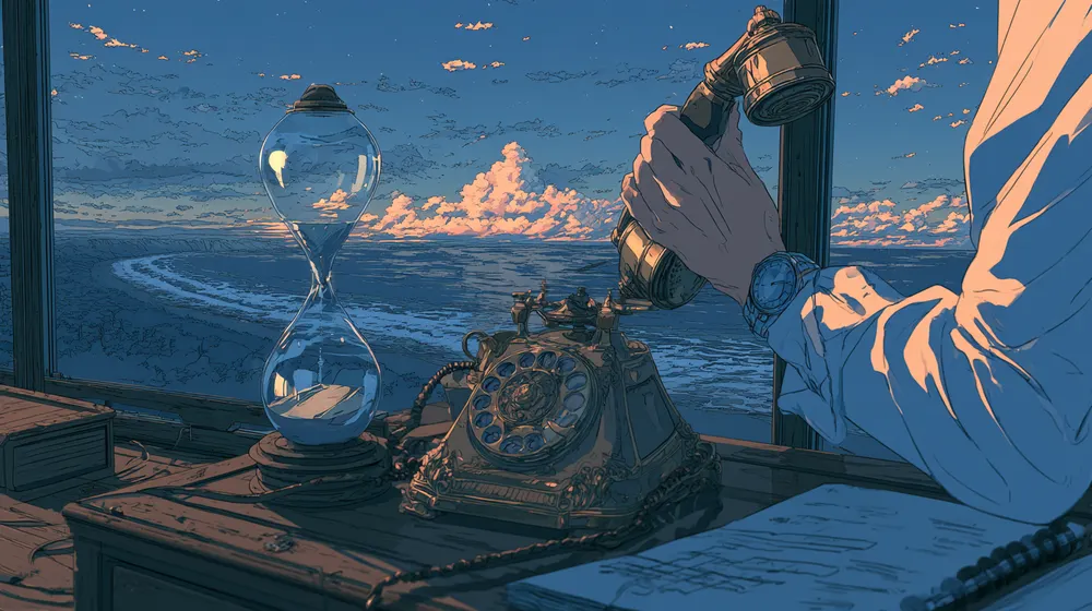 Illustration of a person lifting a vintage telephone receiver beside an hourglass overlooking the ocean.