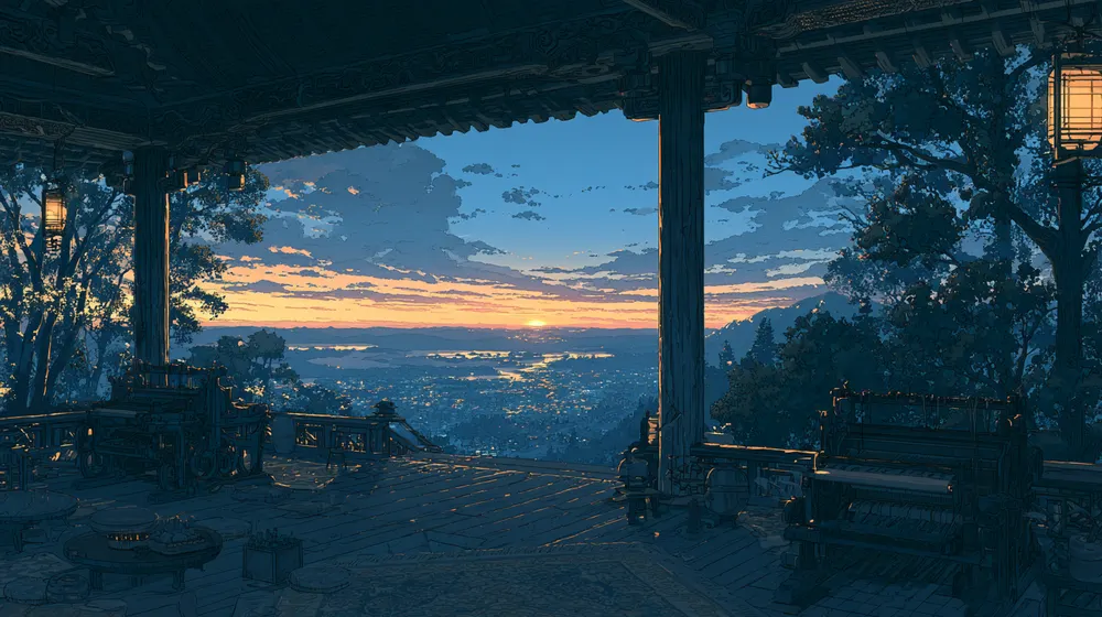 Illustration of a wooden pavilion with benches and glowing lanterns overlooking a distant city and water at sunset.