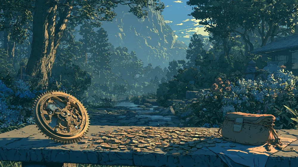 Clockwork mechanism beside scattered coins and a satchel on a stone path in a forest.