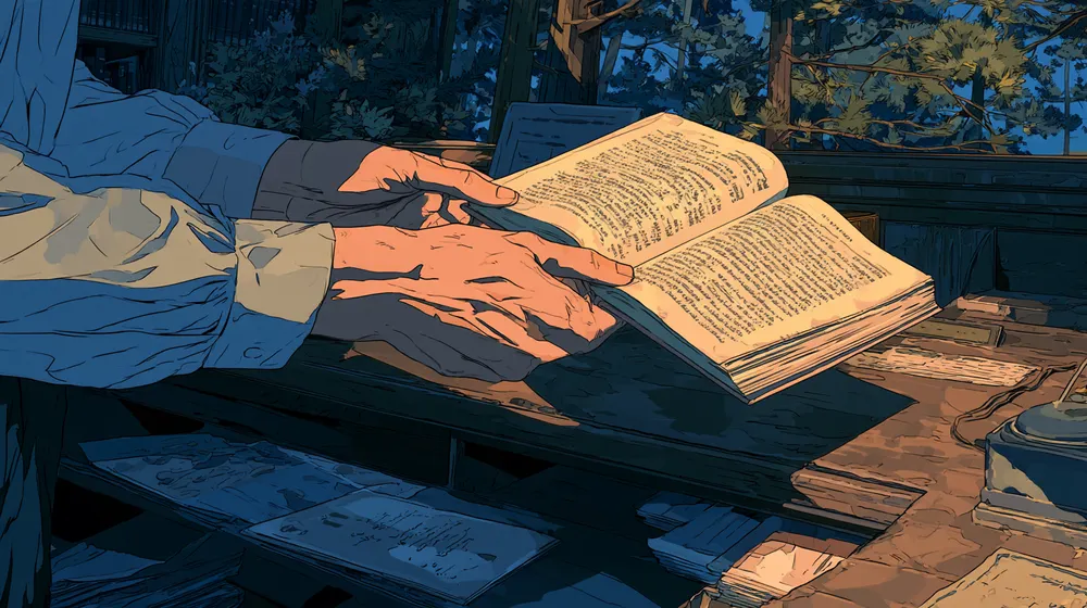 Illustration of a person reading an open book at a wooden desk beside a window overlooking trees.