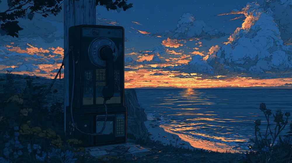 Illustration of a vintage payphone beside the ocean at sunset.