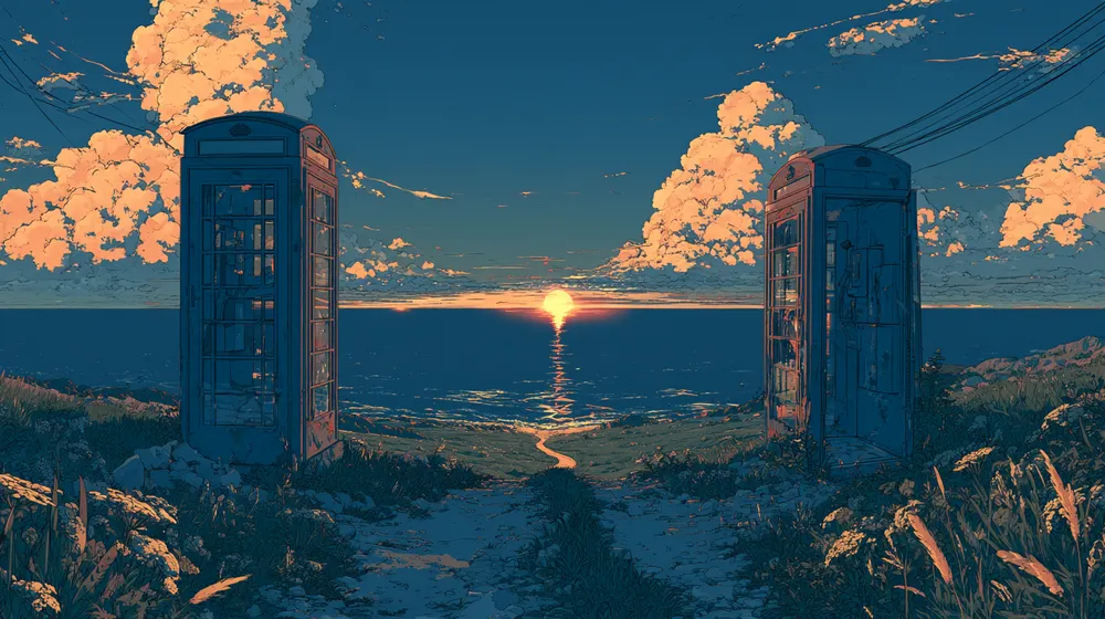 Illustration of two telephone booths beside a coastal path overlooking the ocean at sunset beneath peach-colored clouds.