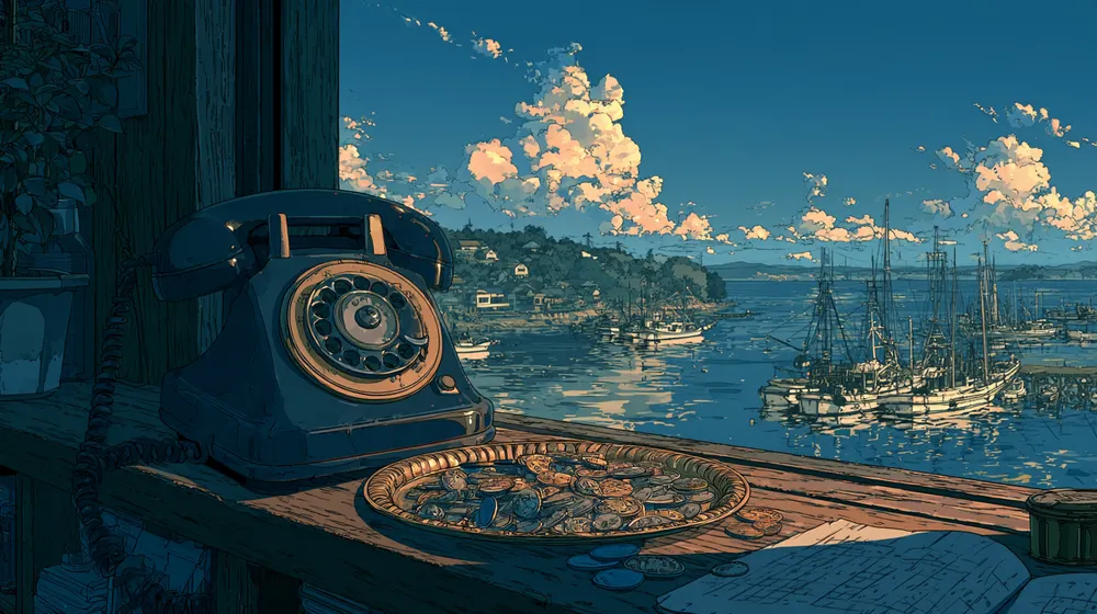 Illustration of a vintage rotary telephone and a tray of coins on a wooden windowsill overlooking a harbor filled with sailboats.