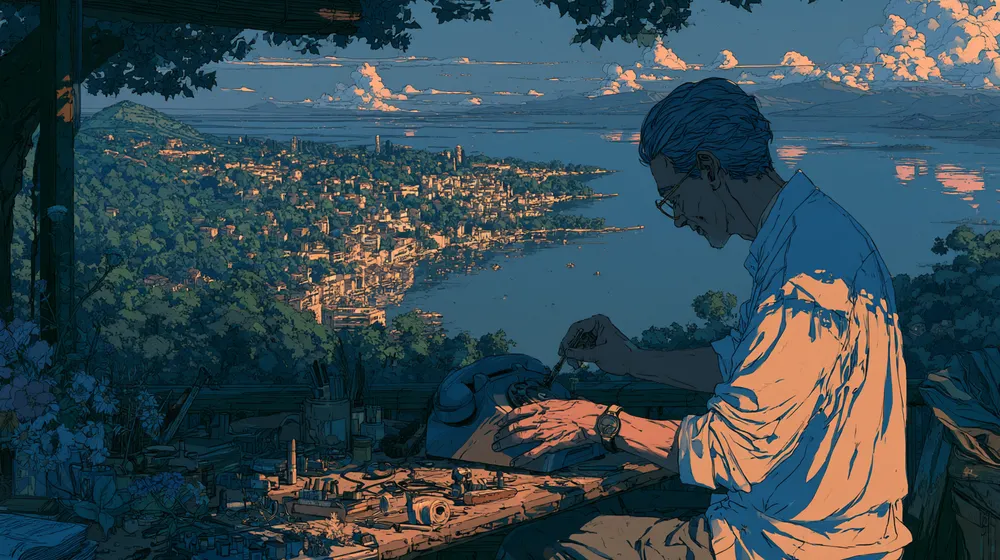 Illustration of a man repairing a rotary telephone at a workbench overlooking a coastal town and bay.