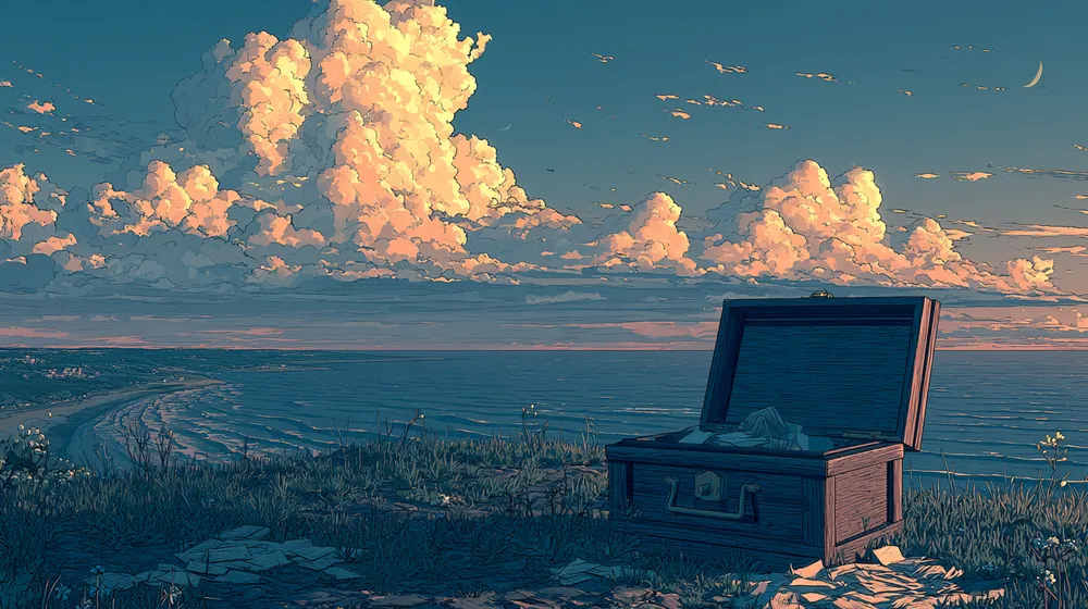Illustration of an open wooden chest on a grassy coastal bluff overlooking the ocean beneath towering golden clouds.