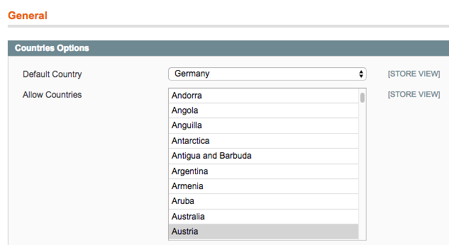 Country list configuration in the backend shows a filtered list