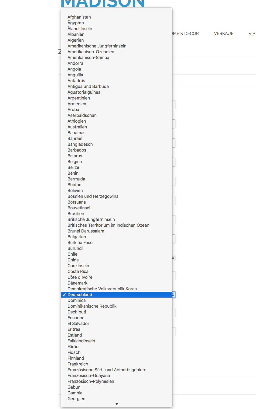 Country select in the checkout shows all countries to choose from