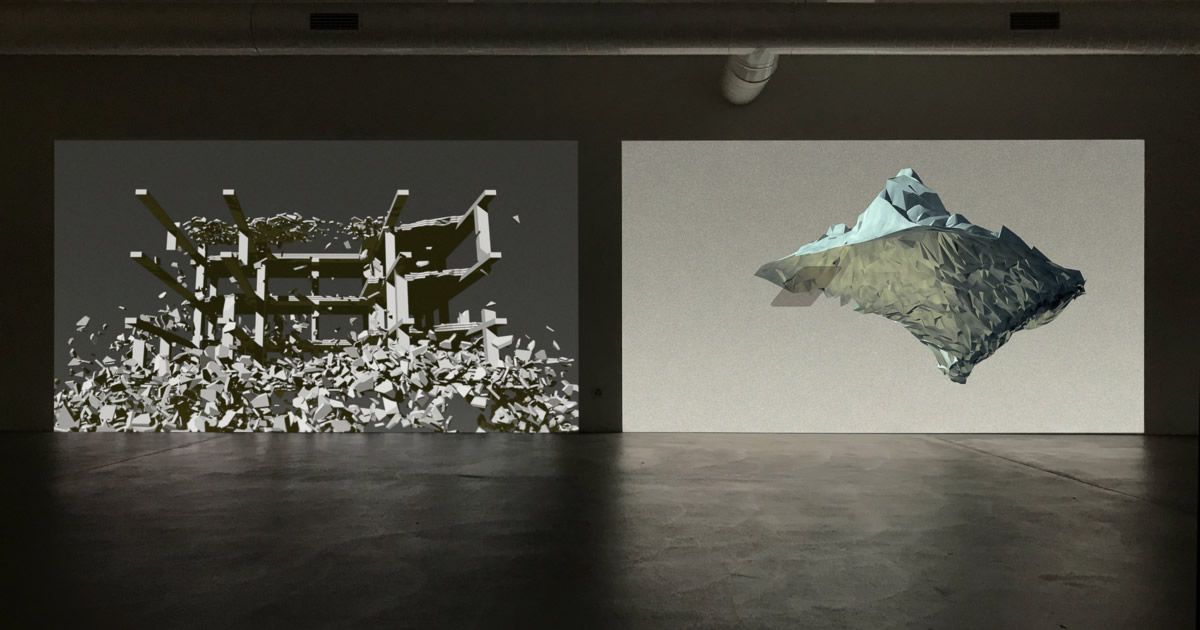 Two screens. Left shows a decaying structure. Right shows a floating iceberg type shape.