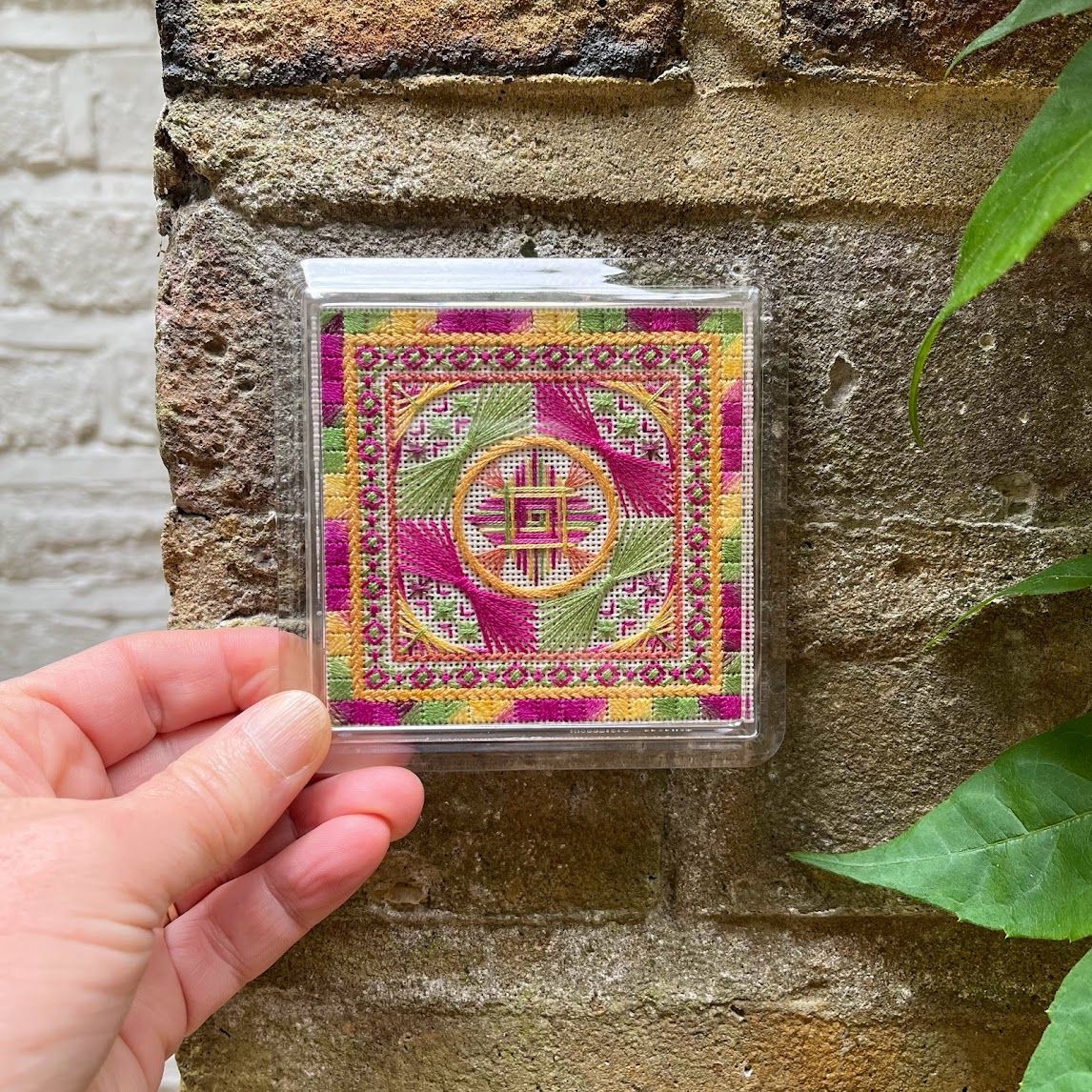 A coaster made by Ann-Marie in the ‘canvaswork’ style.