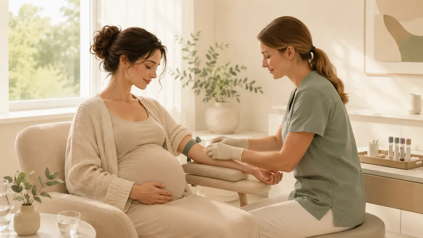 Illustration of antenatal blood testing used to track iron status through pregnancy.