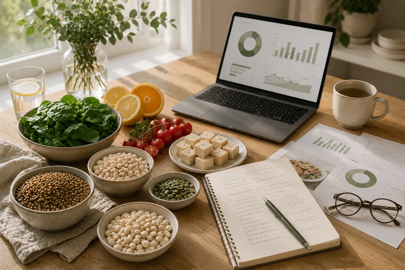 Illustration contrasting whole iron-rich foods with an iron supplement tablet.