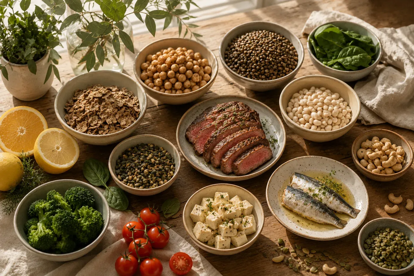Illustration comparing iron-rich foods such as beans, lentils, tofu, red meat and seafood.