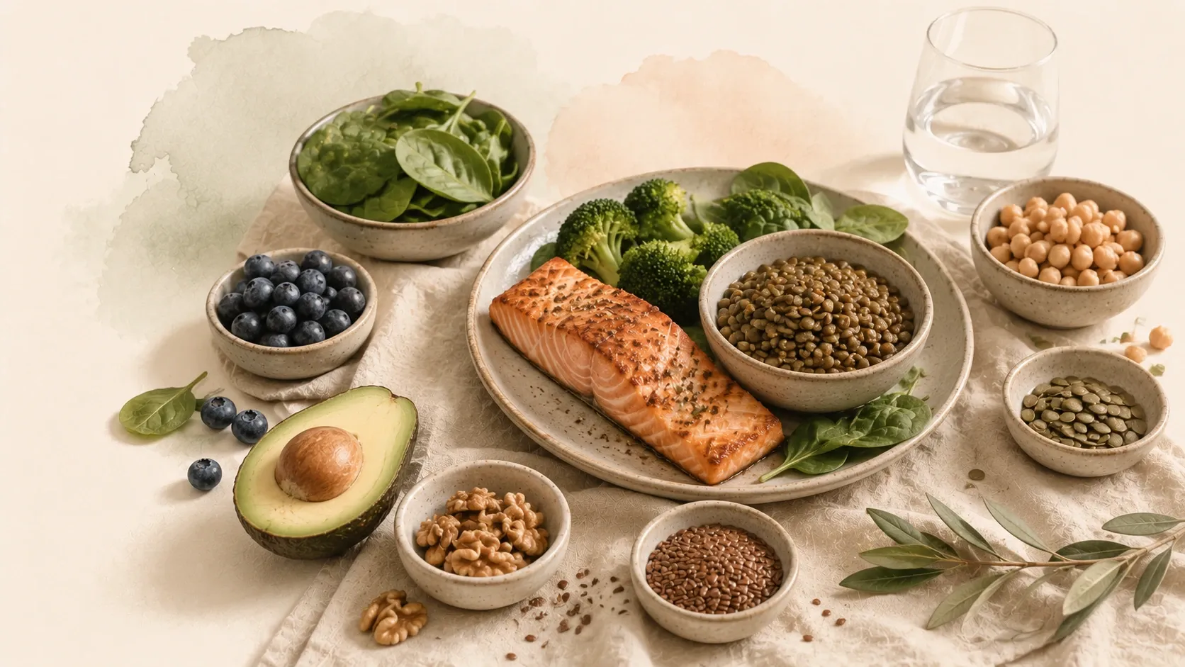 Editorial food illustration with salmon, legumes, seeds, greens, berries and avocado.