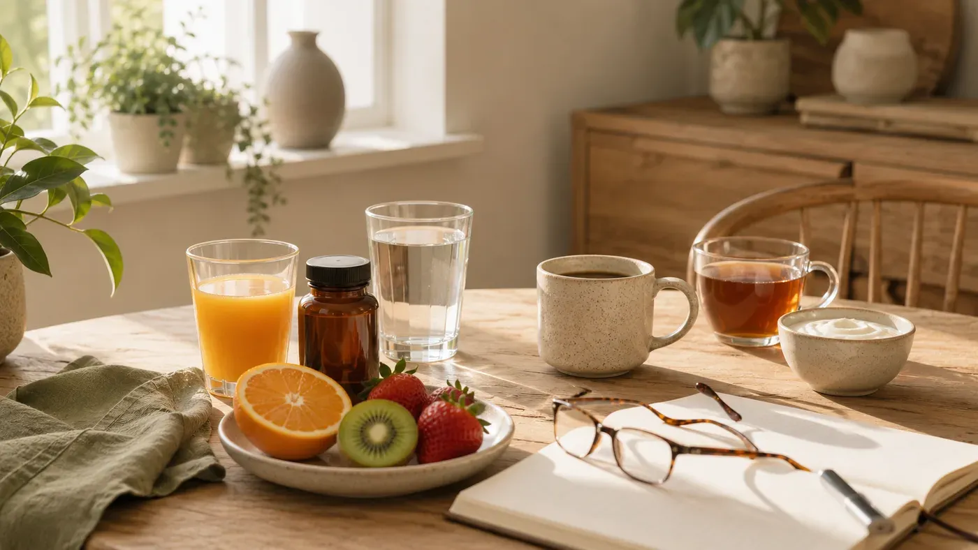 Illustration of taking iron on an empty stomach with a vitamin C source, away from tea and coffee.