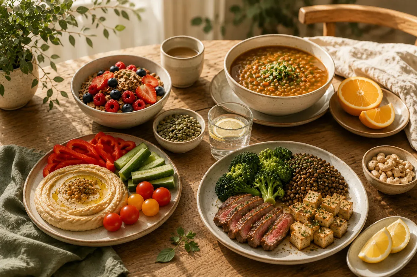 Illustration of a one-day iron-rich meal plan across breakfast, lunch, a snack and dinner.