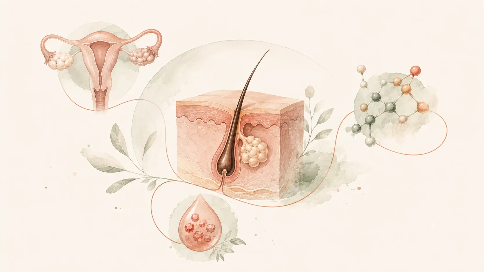 Editorial illustration showing how hormones, insulin signaling and sebum production can interact in hormonal acne.