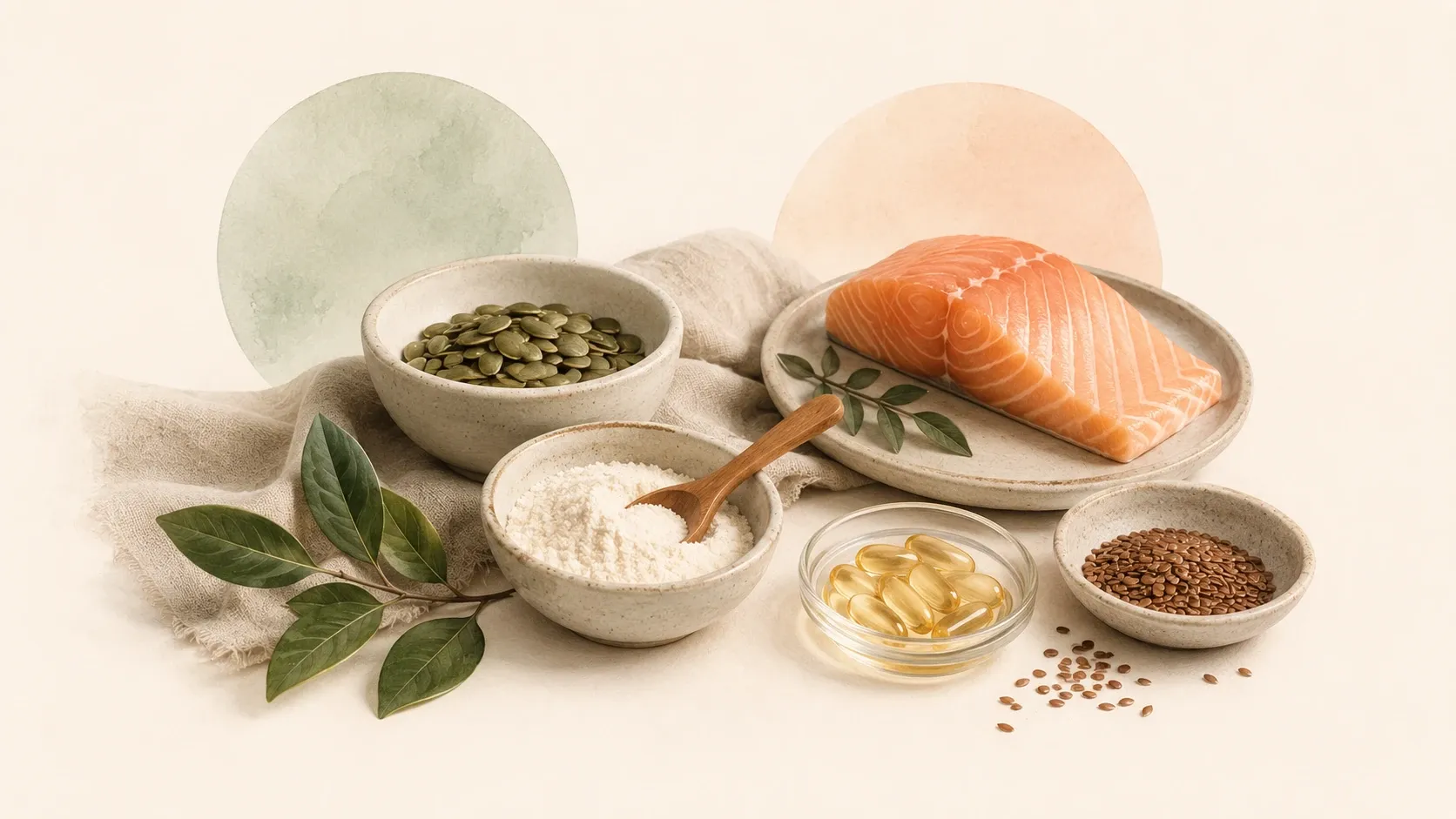 Editorial still life of zinc-rich foods, inositol powder and omega-3 sources.
