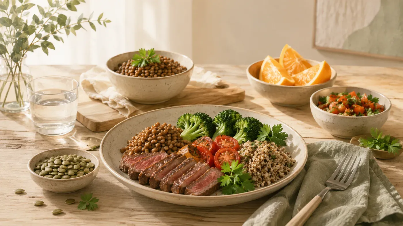 Illustration of iron-rich foods for pregnancy, including beans, lentils, leafy greens and lean meat.