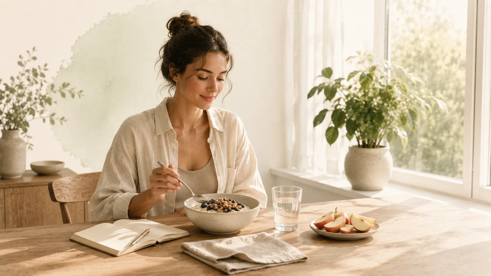 Editorial illustration of a calm morning routine with breakfast, water and journaling.