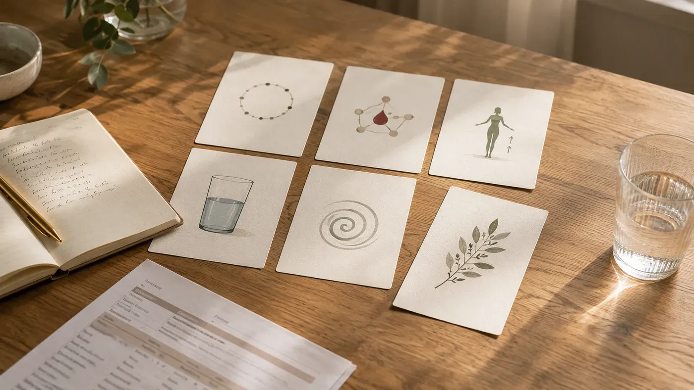 Six small cards laid out in a grid on a wooden table, each with a simple drawing: a cycle, a blood drop, a standing figure, a glass of water, a spiral and a sprig of leaves.