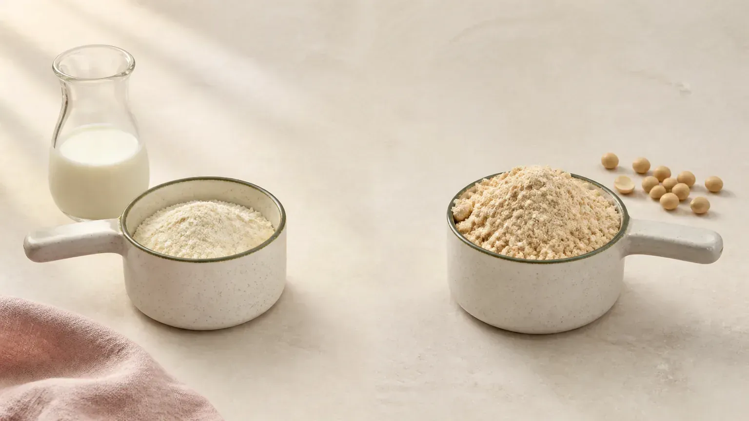 Two scoops side by side: a level scoop of whey protein beside a bottle of milk, and a noticeably heaped scoop of soy protein beside soybeans.