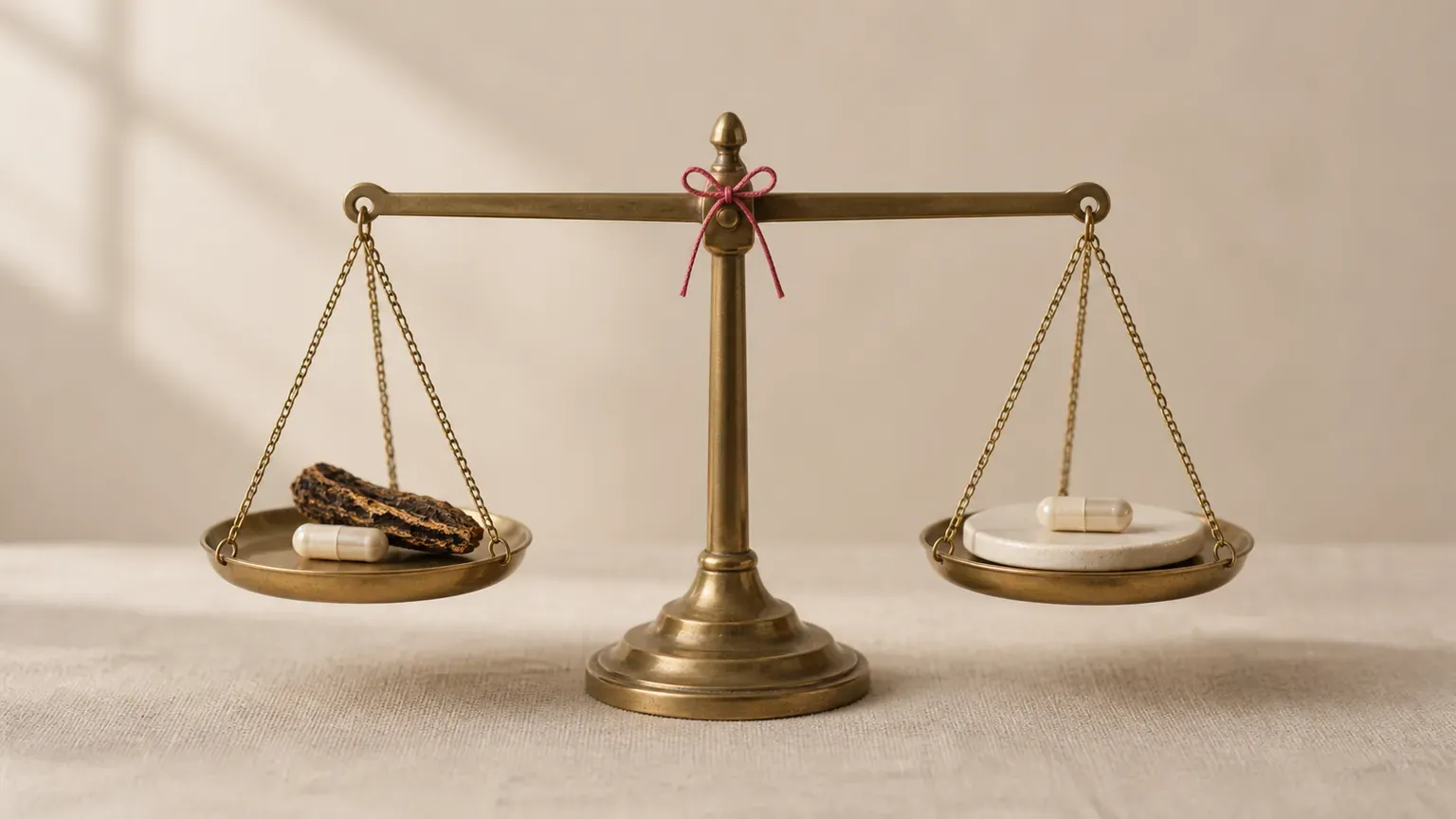 Level brass balance scales, with dried black cohosh root and a capsule on one pan and a plain capsule on the other, the two sides weighing exactly the same.