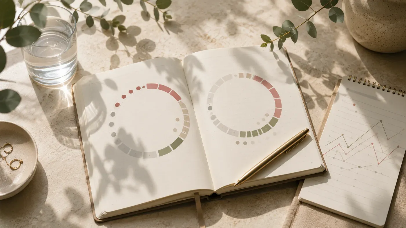 An open journal showing two circular cycle charts built from small colored dots, beside a notepad with a jagged line graph.