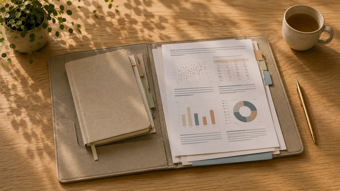 An open document folder holding printed research pages and a notebook with colored index tabs, a pen alongside.