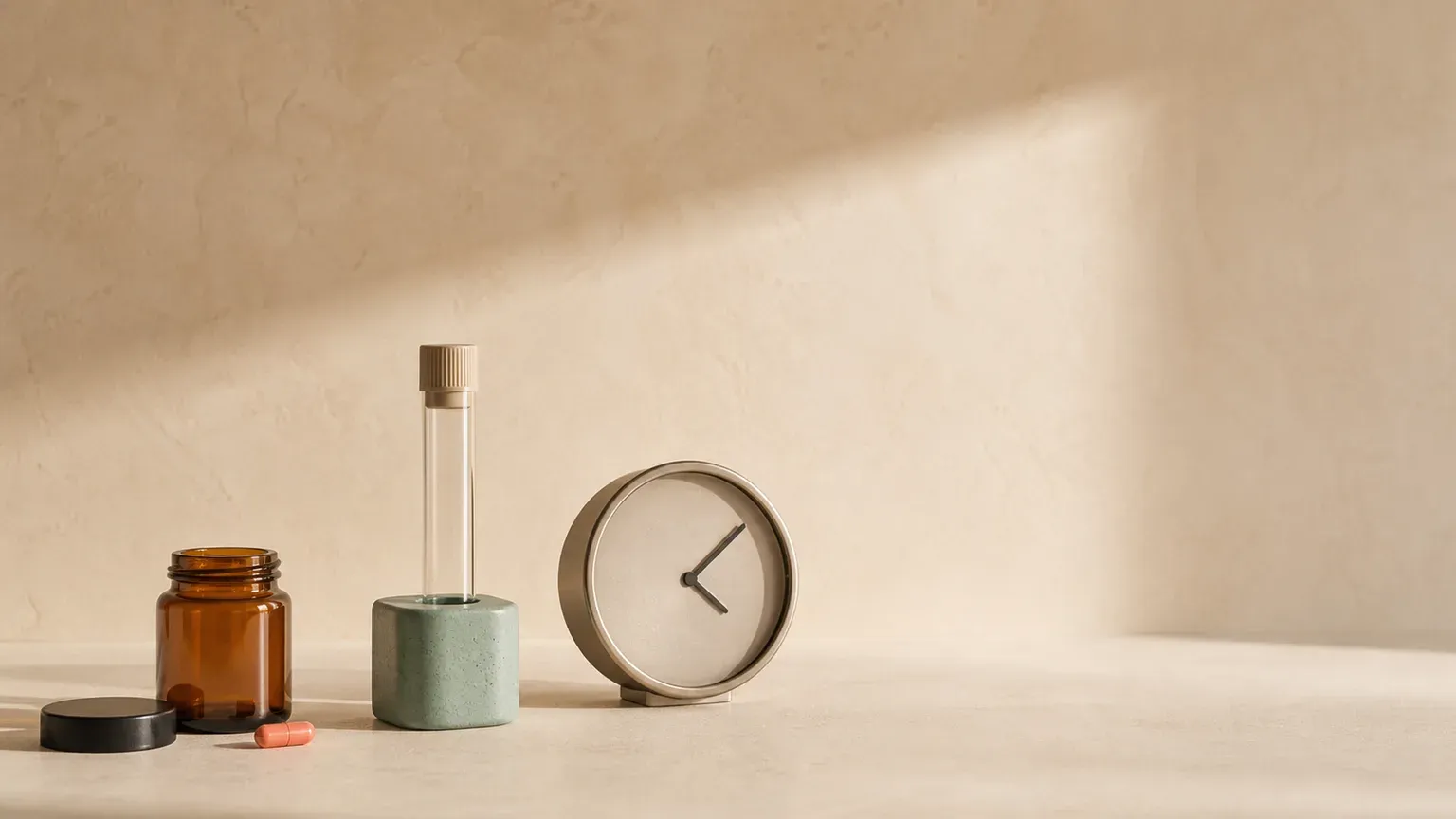 An amber supplement jar with one coral capsule beside it, a sample tube standing in a sage holder, and a small clock showing an early morning hour.