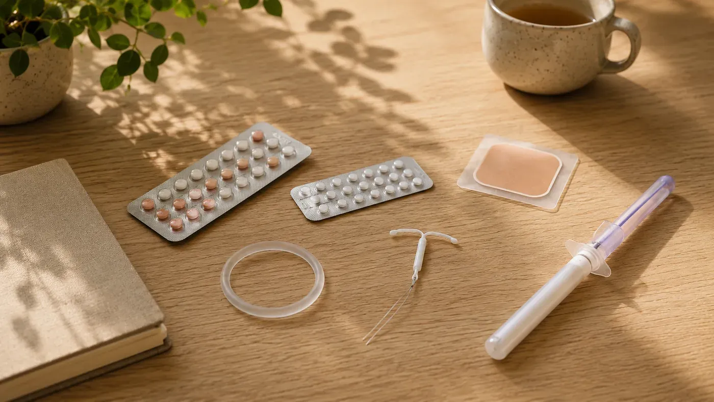 Contraceptive methods laid side by side on a wooden table: two pill blister packs, a vaginal ring, a hormonal IUD, a skin patch and an applicator.