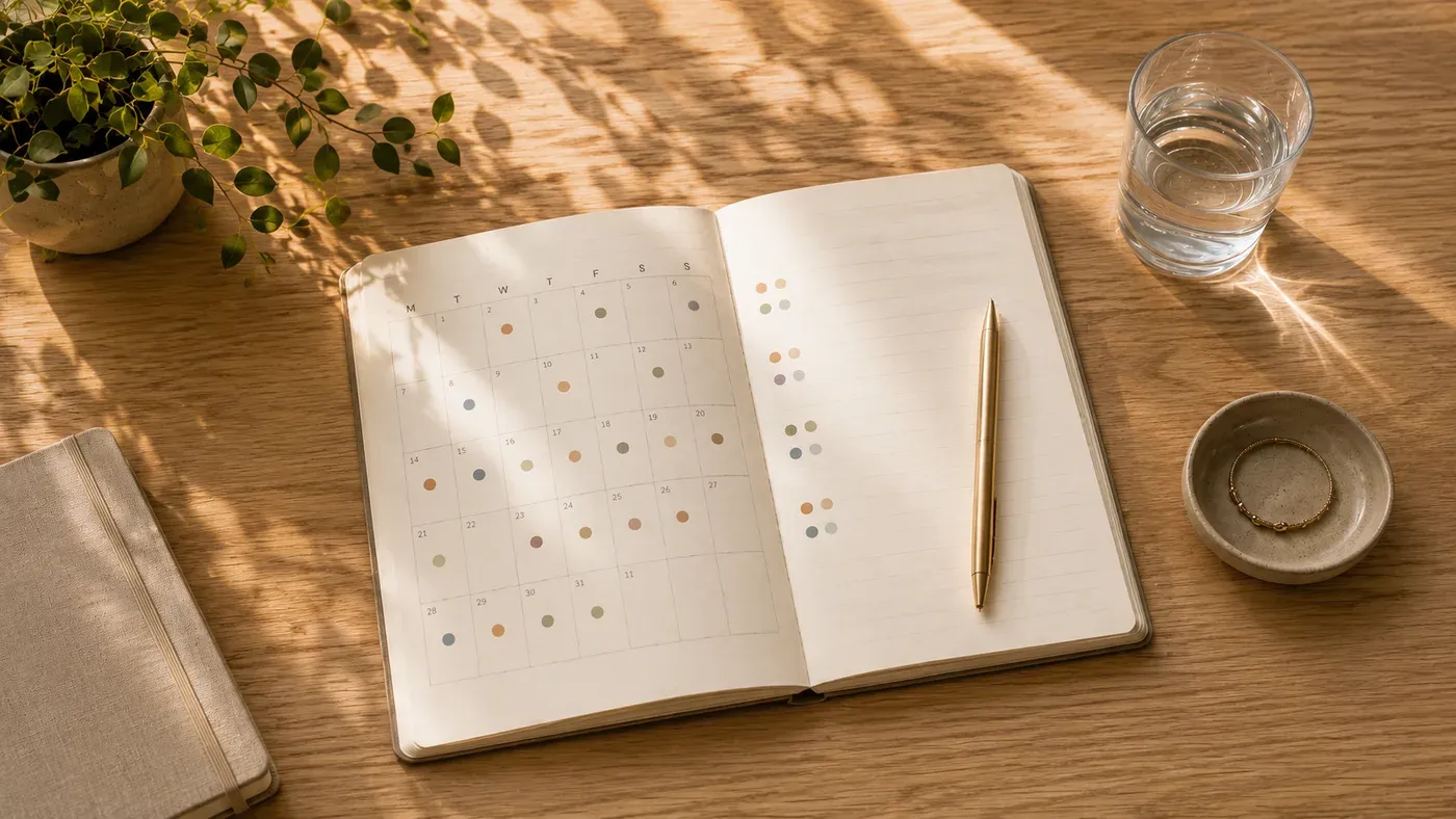 An open journal showing a month grid with a small colored dot marking each day, a pen resting beside it.