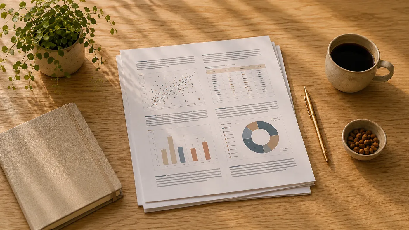 Printed research pages on a table showing a scatter plot, a data table, a bar chart with error bars and a donut chart.