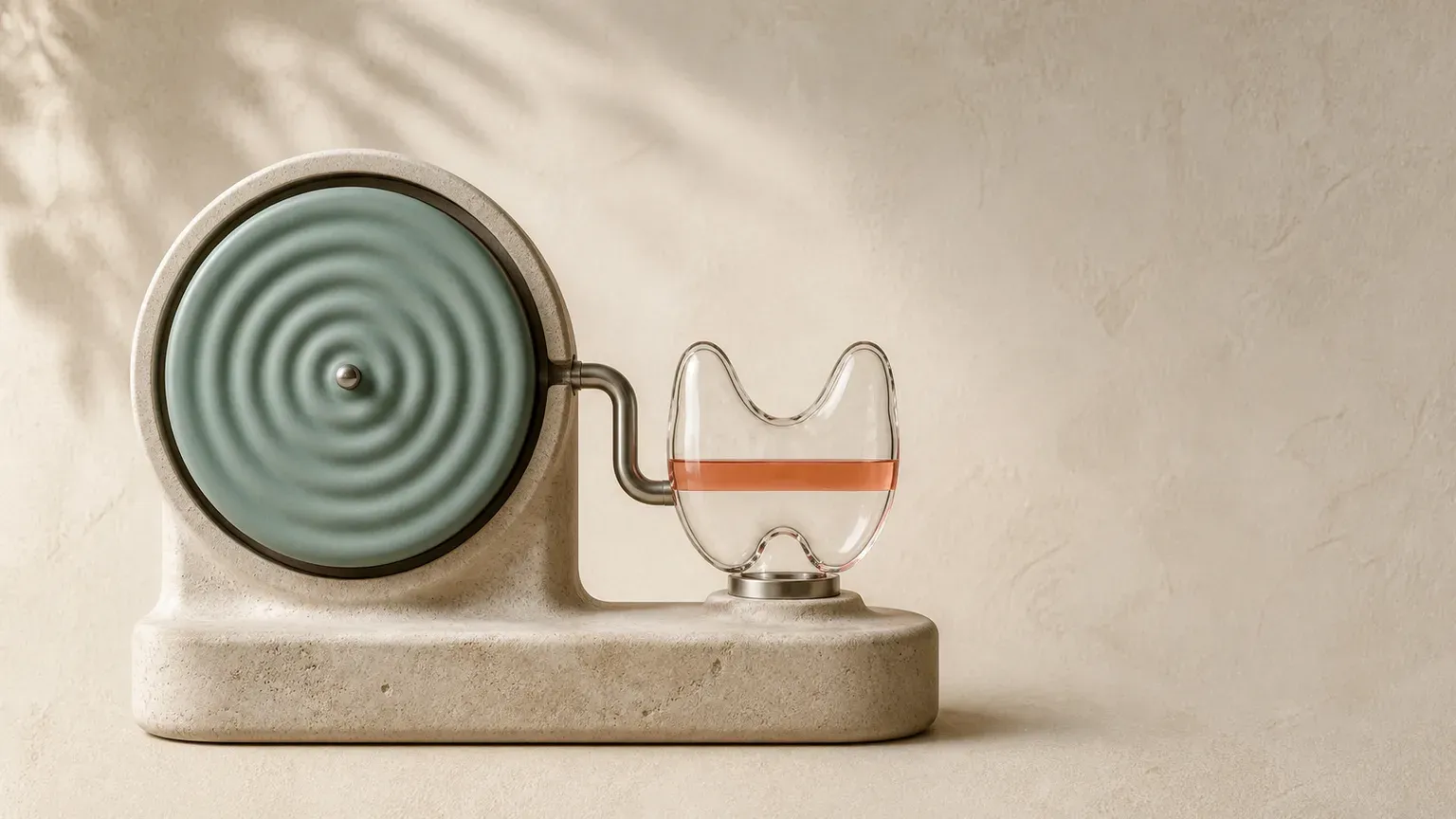 A dial with concentric rings linked by a slim pipe to a glass vessel shaped like a thyroid gland, with a coral line marking its fill level.