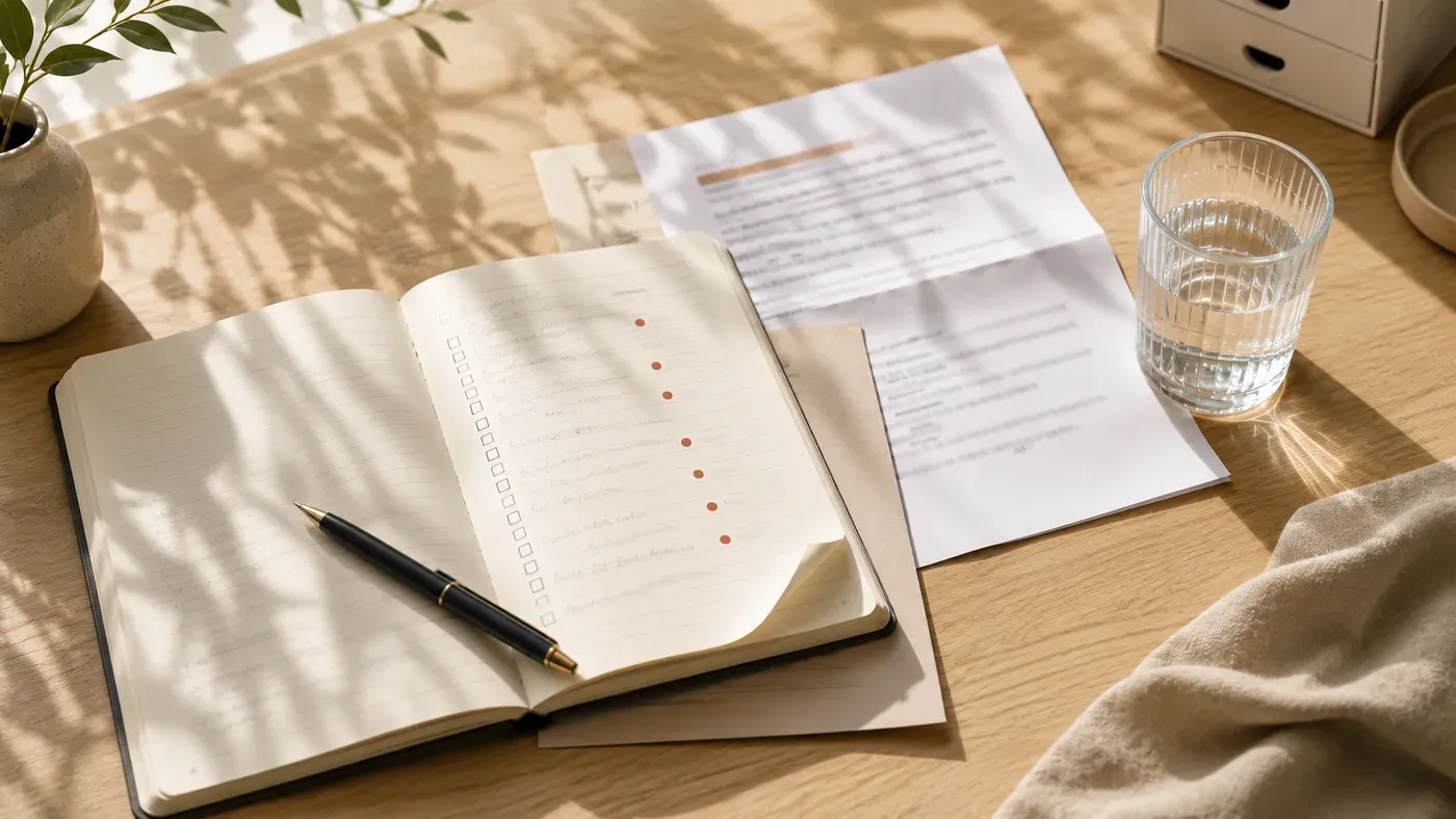 An open lined journal with a checklist and a column of red dots down the margin, a pen resting across the page.