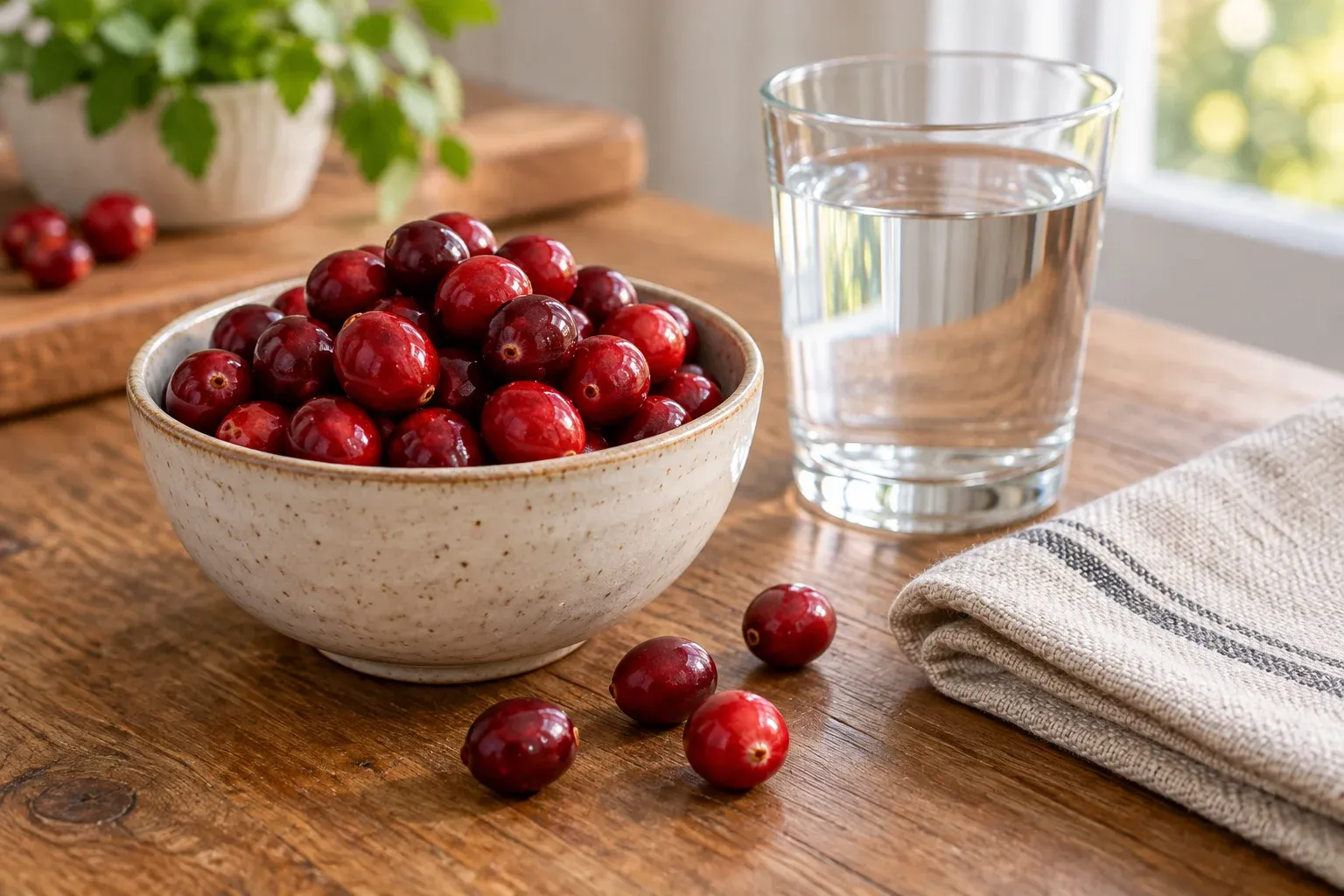 Fresh cranberries in a bowl beside a glass of water.