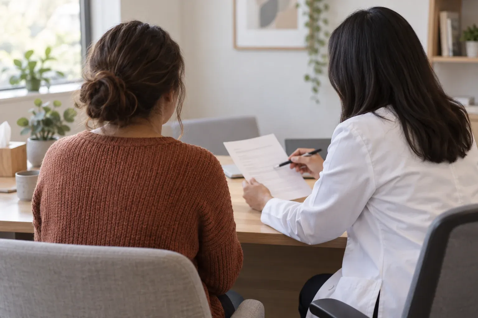A patient discussing a paper note with a clinician at a desk.